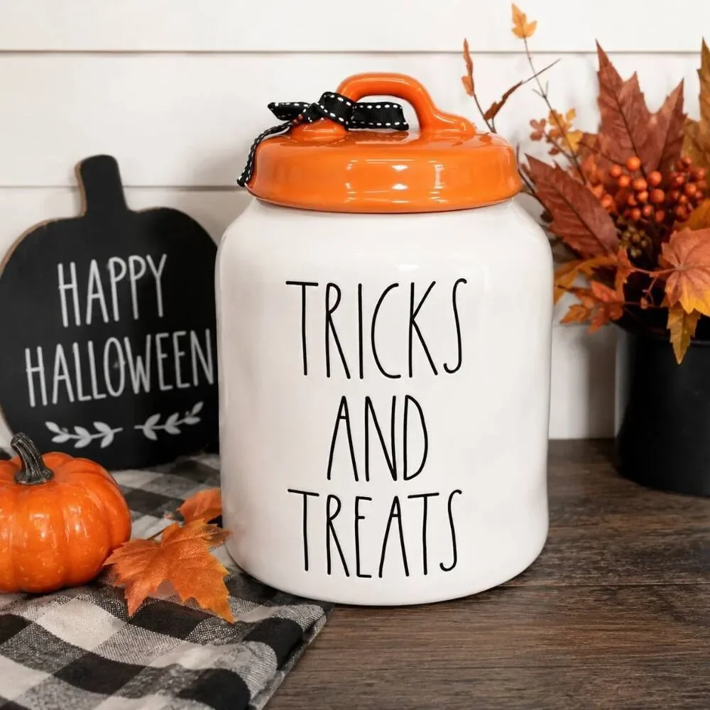 Rae Dunn TRICKS AND TREATS Halloween Canister Orange Lid Ceramic Cookie Treat Ja